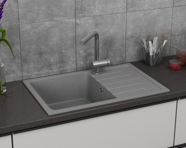 Мойка для кухни оборачиваемая с крылом BAU Stil Gray stone 75х50, выпуск с сифоном в комплекте, серый камень