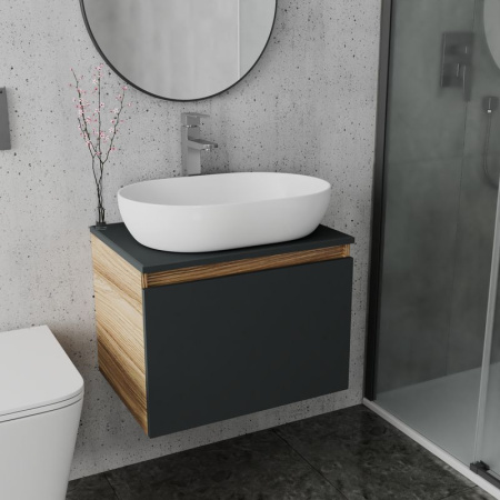 Комплект для ванной, 3 предмета (Тумба подвесная Bau Blackwood 60 графит + Раковина BAU 59х40, Смеситель высокий Hotel Still, нерж. сталь)