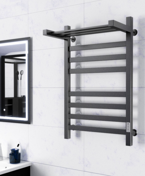 Полотенцесушитель электрический профильный с полкой Маргроид BAU В81/10 50х80 Gun Grey темно-серый металлик с таймером с таймером справа