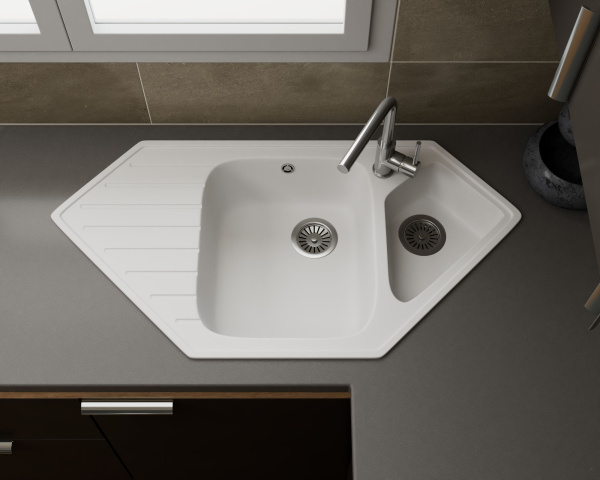 Мойка для кухни угловая BAU Triangle White snow 97х50, выпуск с сифоном в комплекте, белый снег