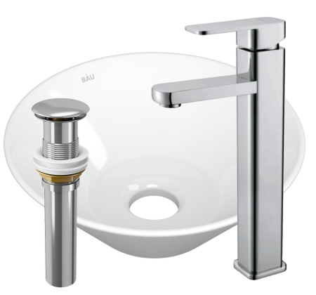 Раковина накладная со смесителем и выпуском (круглая BAU Dream D43, белая + смеситель Hotel Still, нер. сталь, выпуск клик-клак хром)