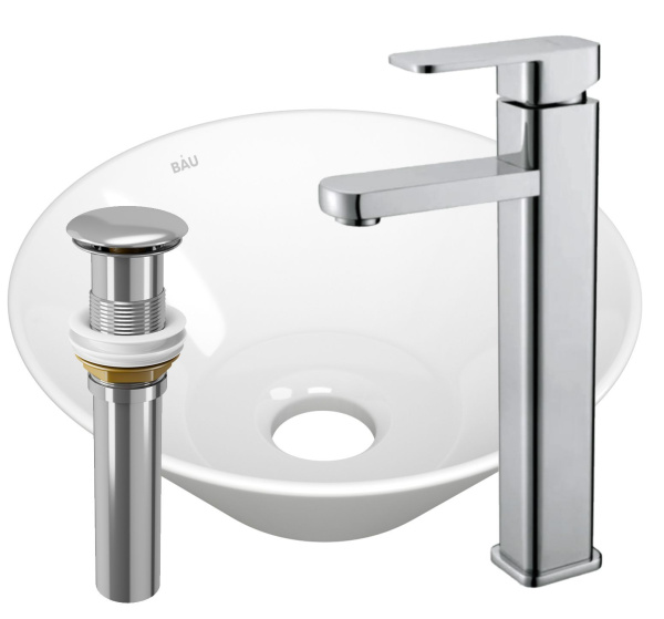 Раковина накладная со смесителем и выпуском (круглая BAU Dream D43, белая + смеситель Hotel Still, нер. сталь, выпуск клик-клак хром)