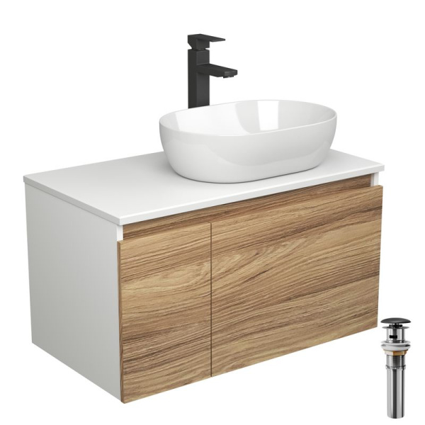 Комплект для ванной, 4 предмета (Тумба подвесная Bau Blackwood 80 + Раковина BAU 48х34 + Смеситель высокий Hotel Black, черный, выпуск черный)