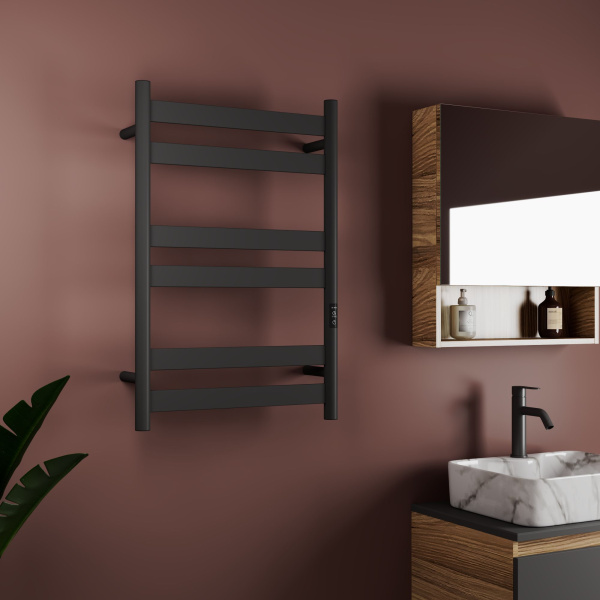 Полотенцесушитель дизайнерский электрический, профильный BAU Mix 50х80, 6 планок, универсальный, черный матовый RAL 9005