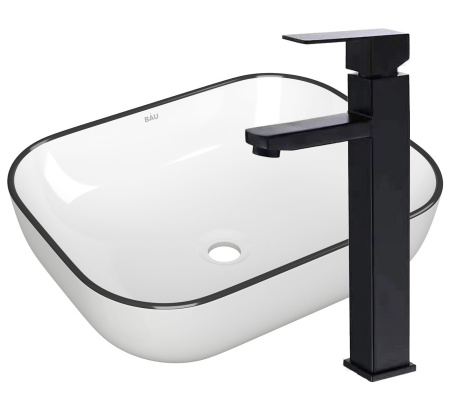 Раковина накладная со смесителем (прямоугольная BAU Stil 50х40, белая, черный кант + смеситель высокий Hotel Black, черный)