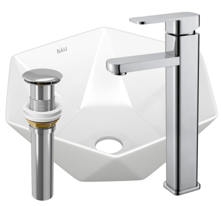 Раковина накладная со смесителем и выпуском (на столешницу BAU Crystal 40х40, белая + смеситель Hotel Still, нер. сталь, выпуск клик-клак хром)