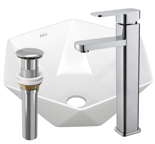Раковина накладная со смесителем и выпуском (на столешницу BAU Crystal 40х40, белая + смеситель Hotel Still, нер. сталь, выпуск клик-клак хром)