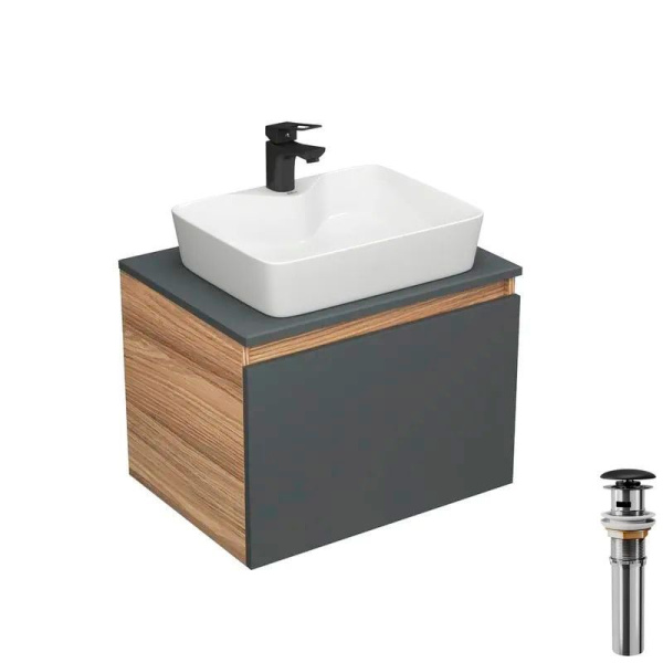 Комплект для ванной, 4 предмета (тумба Bau Dream 60 графит + раковина BAU 48х37, с отв. под смеситель + смеситель Cerama Black, выпуск клик-клак, черный)