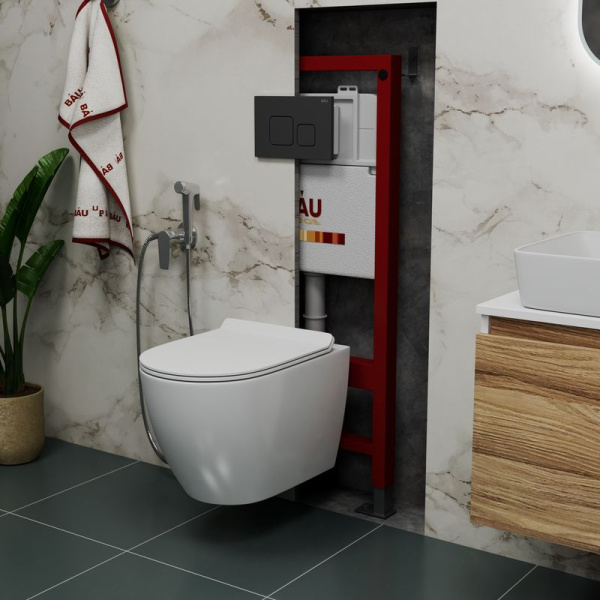 Комплект BAU 6 в 1: инсталляция BAU PRO, унитаз подвесной безободковый Bau Dream PRO, сиденье дюропласт микролифт, кнопка смыва BAU Soul для инсталляции, черная матовая