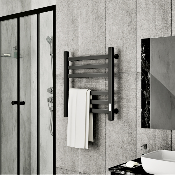 Полотенцесушитель электрический профильный Маргроид BAU В81/10 50х60, 2 вставки 3х3 размер 30*10, черный матовый RAL 9005 с таймером справа