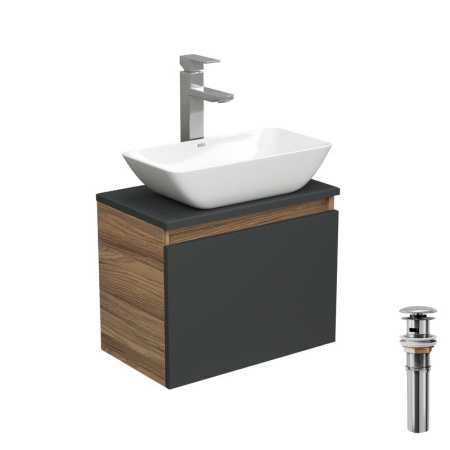 Комплект для ванной, 4 предмета (тумба Bau 50, графит + раковина чаша BAU Spectrum mini 47х24 + смеситель Hotel Still, выпуск клик-клак, хром)