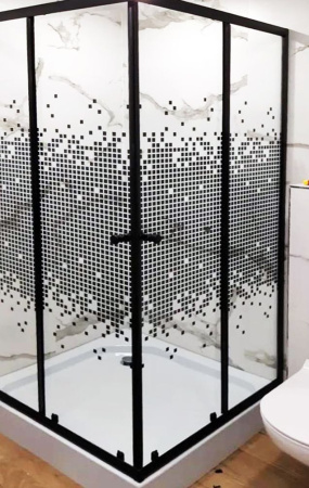 Душевой уголок BAU Stil квадратный с поддоном 90x90х195, прозрачное закаленное стекло с черным рисунком 5 мм, черный матовый профиль
