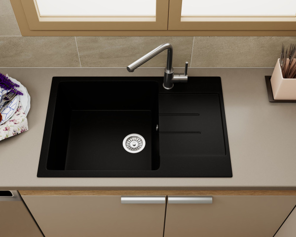 Мойка для кухни оборачиваемая с крылом BAU Stil Black coal 76х50, выпуск с сифоном в комплекте, черный уголь