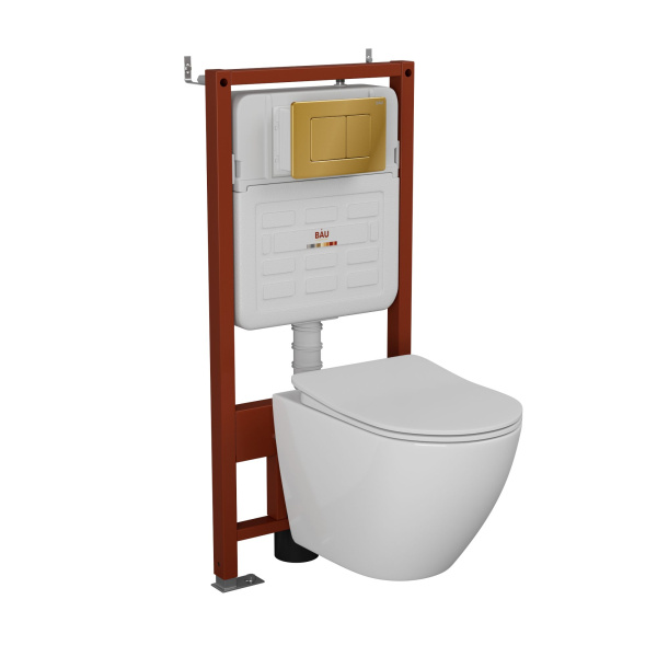 Комплект BAU 6 в 1: усиленная инсталляция BAU IDEAL, унитаз подвесной безободковый Bau Dream PRO-2, сиденье микролифт, клавиша BAU Light антивандальная, нерж. сталь золото