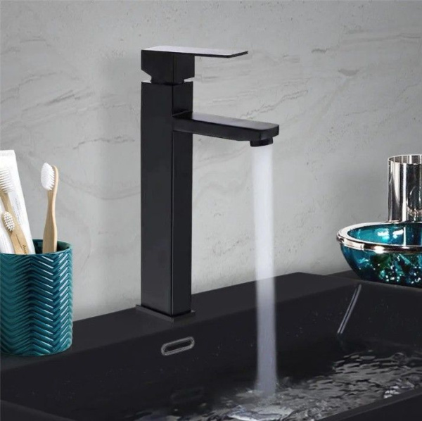 Раковина накладная со смесителем и выпуском (Умывальник BAU Dream круглый D41, белый + смеситель для раковины высокий Hotel Black, черный, выпуск клик клак, черный)