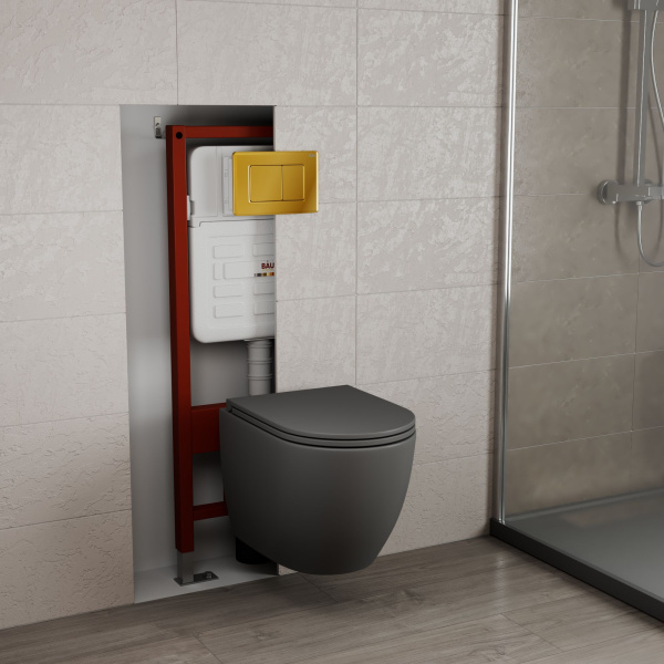 Комплект BAU 6 в 1: усиленная инсталляция BAU IDEAL, унитаз подвесной безободковый торнадо обратного потока Bau Dream Hurricane-2 темно-серый матовый, сиденье микролифт, клавиша BAU Light, золото