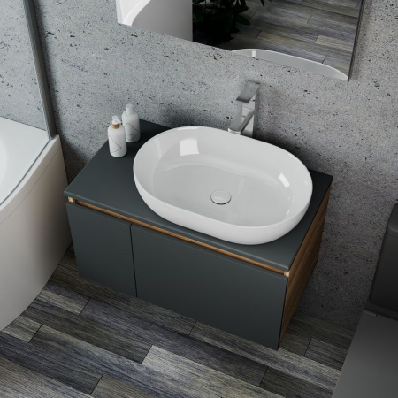 Комплект для ванной, 4 предмета (Тумба подвесная Bau Blackwood 80 графит + Раковина BAU 59х40 + Смеситель Hotel Still, нерж. сталь, выпуск белый)