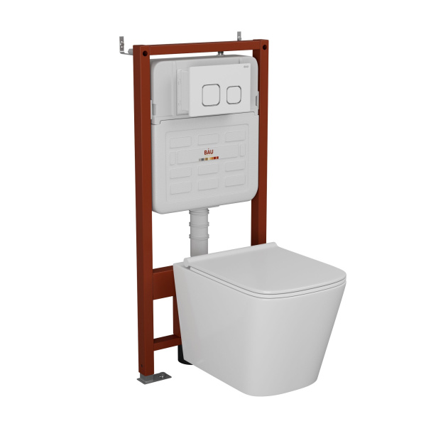 Комплект BAU 6 в 1: усиленная инсталляция BAU IDEAL, унитаз подвесной безободковый Bau Stil PRO, сиденье микролифт, клавиша BAU Strike, белая/хром