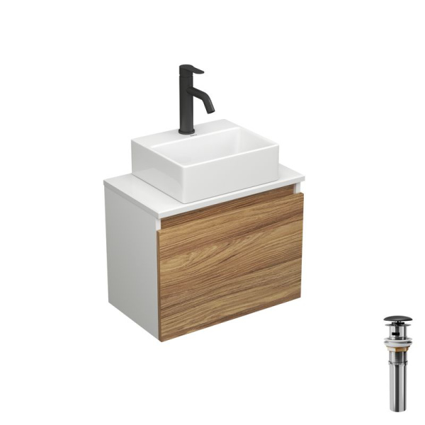 Комплект для ванной, 4 предмета (Тумба подвесная под раковину Bau 50 + раковина BAU 33х28 + смеситель Dream Black, черный, выпуск)