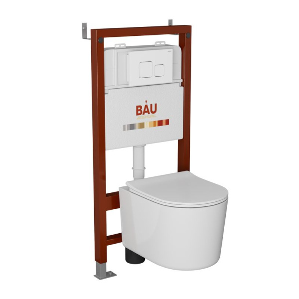 Комплект BAU 6 в 1: инсталляция BAU PRO, унитаз подвесной безободковый Bau Hotel PRO, быстросъемное сиденье микролифт, кнопка смыва BAU Soul, белая