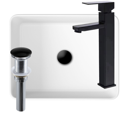 Раковина накладная со смесителем и выпуском (Умывальник BAU Hotel прямоугольный 48х37, белый + смеситель для раковины высокий Hotel Black, черный, выпуск клик клак, черный)