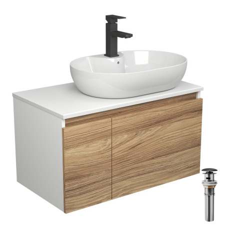 Комплект для ванной, 4 предмета (Тумба подвесная Bau Blackwood 80 + Раковина BAU 60х42, с отв. под см-ль + Смеситель Hotel Black, выпуск черный)