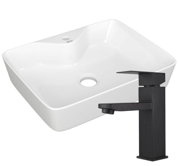 Раковина для ванной накладная прямоугольная BAU Cerama 48х37, с отверстием под смеситель, белая + смеситель Hotel Black, черный