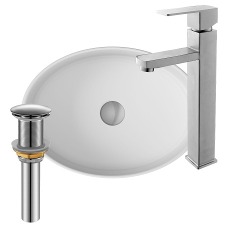 Раковина со смесителем и выпуском (Умывальник на столешницу BAU Nimb овальный 50х36, белый, смеситель для раковины высокий Hotel Still, выпуск клик клак, хром)