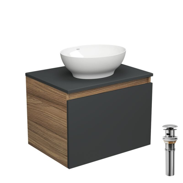 Тумба с раковиной и выпуском (тумба Bau Dream 60, графит + раковина накладная овальная BAU Nimb 41х33, выпуск клик-клак, хром)