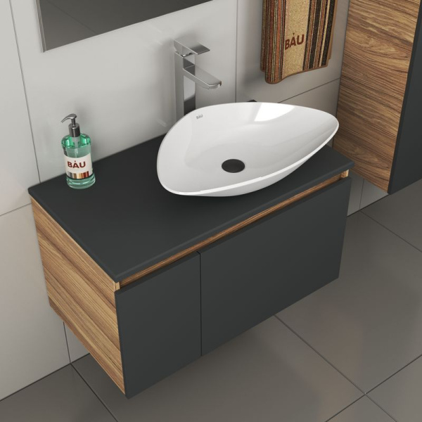 Комплект для ванной, 4 предмета (тумба Bau 80, графит + раковина BAU Triangle 59х39 + смеситель Hotel Still, выпуск клик-клак, черный)