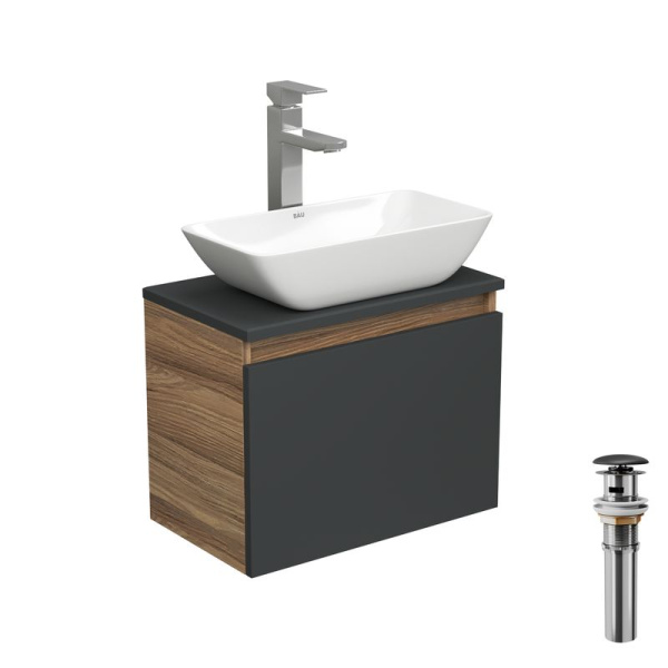 Комплект для ванной, 4 предмета (тумба Bau 50, графит + раковина чаша BAU Spectrum mini 47х24 + смеситель Hotel Still, выпуск клик-клак, черный)