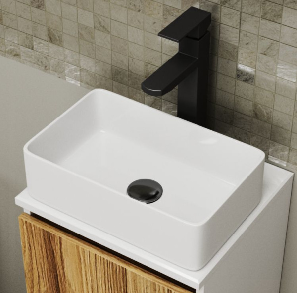 Раковина со смесителем (умывальник накладной на столешницу BAU Mini прямоугольный, 38х24 белая, смеситель для раковины высокий Potato Black, черный)