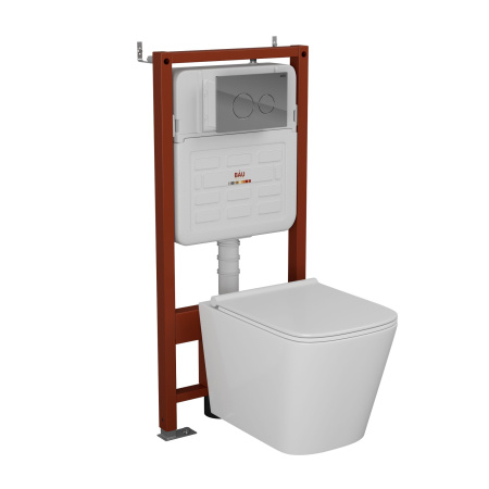 Комплект BAU 6 в 1: усиленная инсталляция BAU IDEAL, унитаз подвесной безободковый Bau Stil PRO, сиденье микролифт, клавиша BAU Wheel антивандальная, нерж. сталь хром