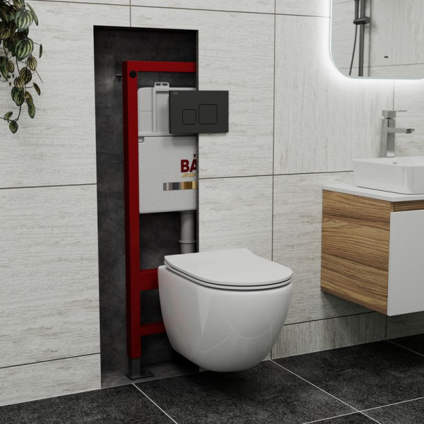 Комплект BAU 6 в 1: инсталляция BAU PRO, унитаз подвесной безободковый Bau Dream PRO-2, сиденье быстросъемное микролифт, кнопка смыва BAU Soul, черная матовая