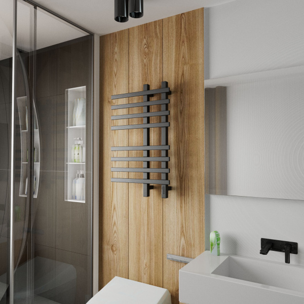 Полотенцесушитель дизайнерский электрический, профильный BAU Wind 50х80, 8 планок, черный матовый RAL 9005