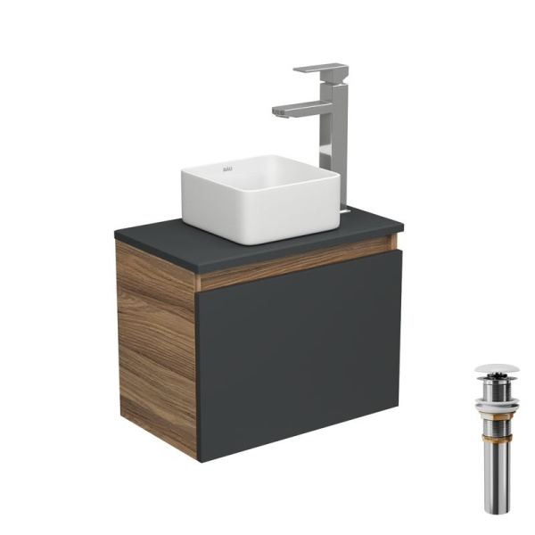 Комплект для ванной, 4 предмета (тумба Bau 50, графит + раковина BAU Hotel mini 24х24 + смеситель Hotel Still, выпуск клик-клак, белый)