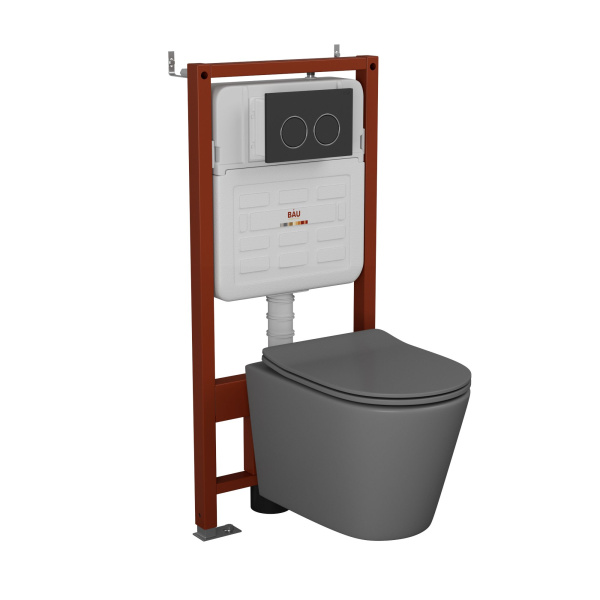 Комплект BAU 6 в 1: усиленная инсталляция BAU IDEAL, унитаз подвесной безободковый Bau Nimb темно-серый матовый, сиденье дюропласт микролифт, клавиша BAU Round, черная матовая