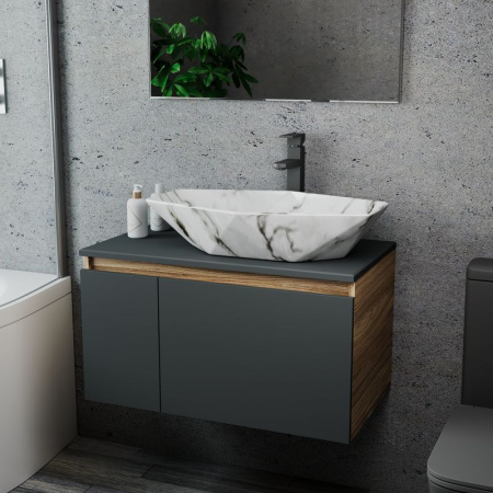 Комплект для ванной, 3 предмета (Тумба подвесная Bau Blackwood 80 графит + Раковина BAU 64х40, мрамор, Смеситель высокий Hotel Black, черный)