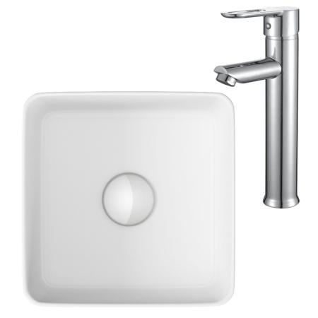 Раковина накладная со смесителем (BAU Mini квадратная 24х24 белая + смеситель для раковины высокий Diadonna Dream, латунь, хром)