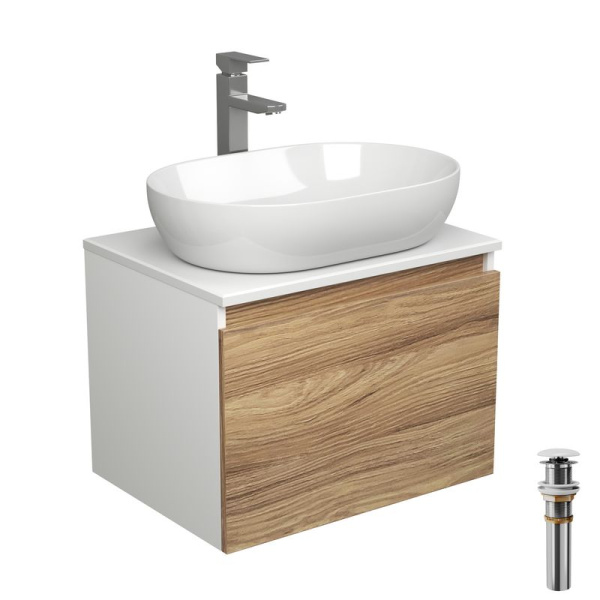 Комплект для ванной, 4 предмета (Тумба подвесная Bau Blackwood 60 + Раковина BAU 59х40 + Смеситель высокий Hotel Still, нерж. сталь, выпуск белый)