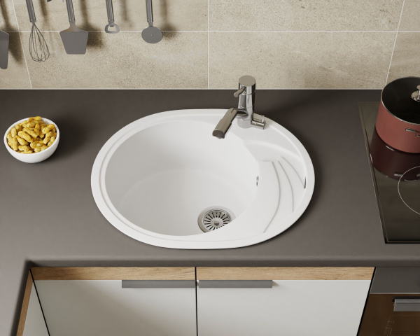 Мойка для кухни оборачиваемая овальная BAU Nimb White snow 58х47, выпуск с сифоном в комплекте, белый снег