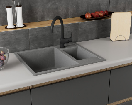 Мойка для кухни оборачиваемая, полуторная чаша BAU Stil Gray stone 60х50, выпуск с сифоном в комплекте, серый камень