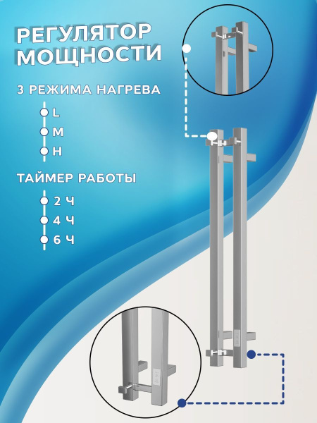 Полотенцесушитель дизайнерский электрический, профильный BAU Stella Square 8х80, 2 коллектора, 3 крючка (Полированный DB-0085)