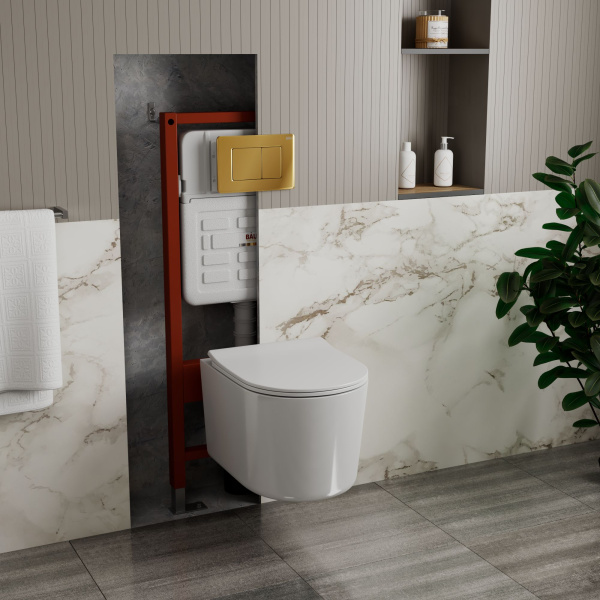 Комплект BAU 6 в 1: усиленная инсталляция BAU IDEAL, унитаз подвесной безободковый Bau Hotel PRO, сиденье микролифт, клавиша BAU Light антивандальная, нерж. сталь золото