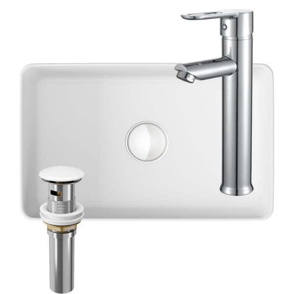 Раковина накладная со смесителем и выпуском (Умывальник BAU Mini прямоугольный, 38х24 белый + смеситель для раковины высокий Diadonna Dream, латунь, выпуск клик клак, белый)