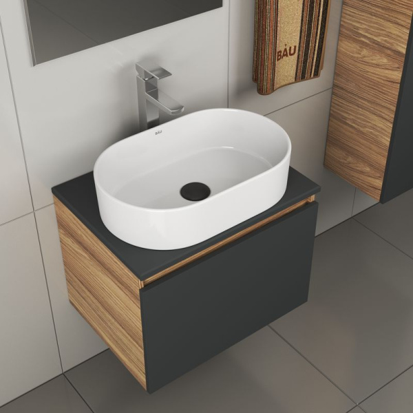 Комплект для ванной, 4 предмета (тумба Bau 60, графит + раковина BAU Nimb 56х36 + смеситель Hotel Still, выпуск клик-клак, черный)