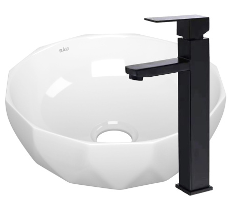 Раковина накладная со смесителем (на столешницу BAU Diamond D40, белая + смеситель высокий Hotel Black, черный)