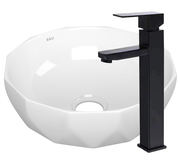Раковина накладная со смесителем (на столешницу BAU Diamond D40, белая + смеситель высокий Hotel Black, черный)