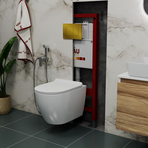 Комплект BAU 6 в 1: инсталляция BAU PRO, унитаз подвесной безободковый Bau Dream PRO, сиденье дюропласт микролифт, кнопка смыва BAU Stil для инсталляции, золото