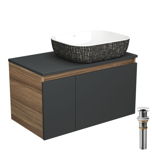Тумба с раковиной и выпуском (тумба Bau Dream 80, графит + раковина санфаянс накладная BAU Stil Black White 50х40, выпуск клик-клак, белый)
